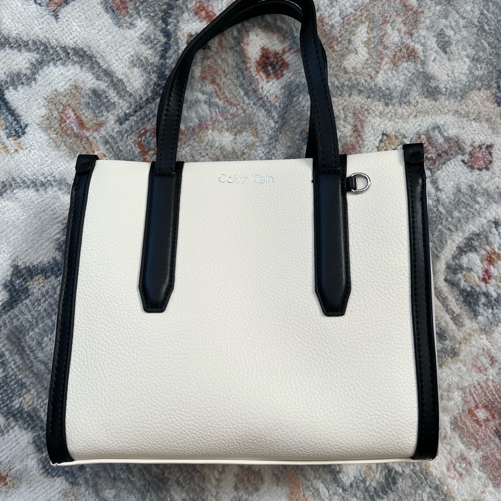 Calvin Klein Cream, Grey, and Black Pebbled Handbag